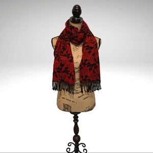 Cejon Red Black Roses Scarf Braided Fringes Italian Winter Neck Scarf